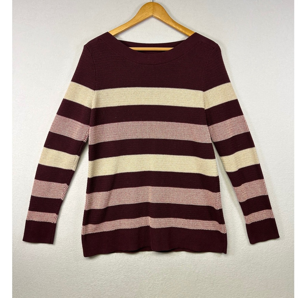 Market & Spruce Striped Knit Sweater Burgundy Cream Pink Long Sleeve‎ Size L